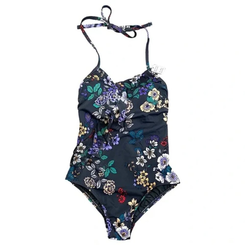 Time & Tru Gray Floral One Piece Swimsuit Halter Style, New w/ Tags, Size S